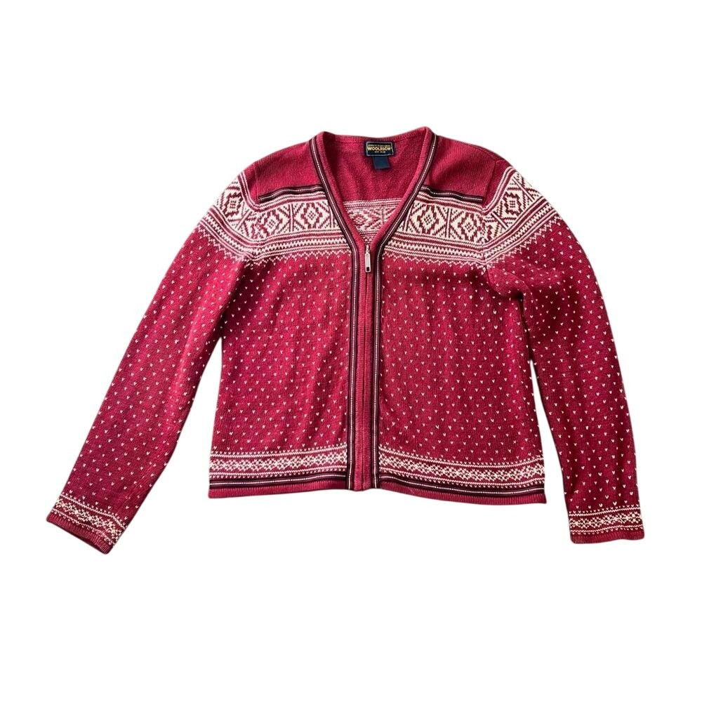 Vintage Woolrich Women's Zip-Front Nordic Classic Red Sweater Size‎ Small